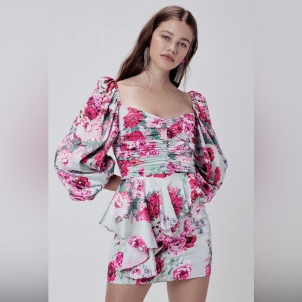 For Love And Lemons Dress Robin Mini Puff Sleeve Mint Green Pink Rose Sz XS